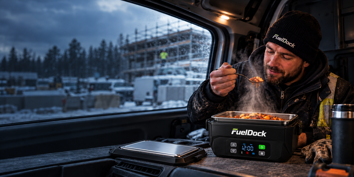 FuelDock heated lunchbox with removable stainless-steel lid beside it, on a cold construction-site morning