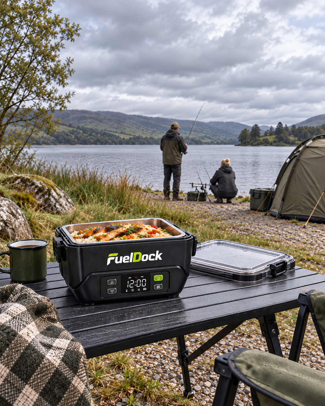 A FuelDock lunchbox on a campsite table beside a lake.
