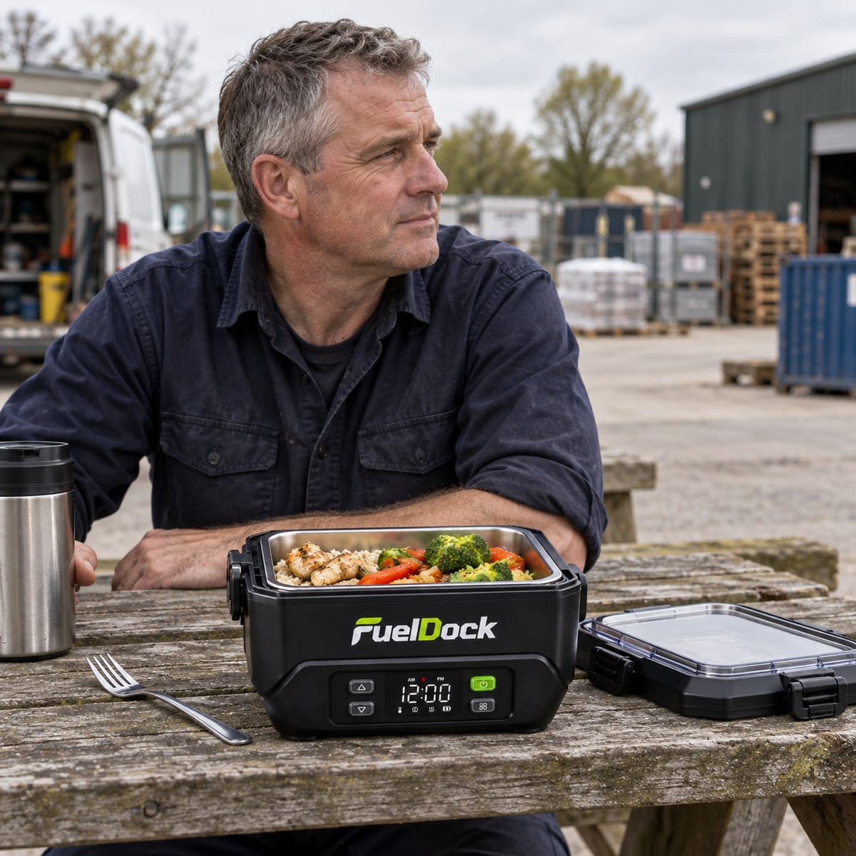 A tradesman taking a lunch break beside an open FuelDock lunchbox.