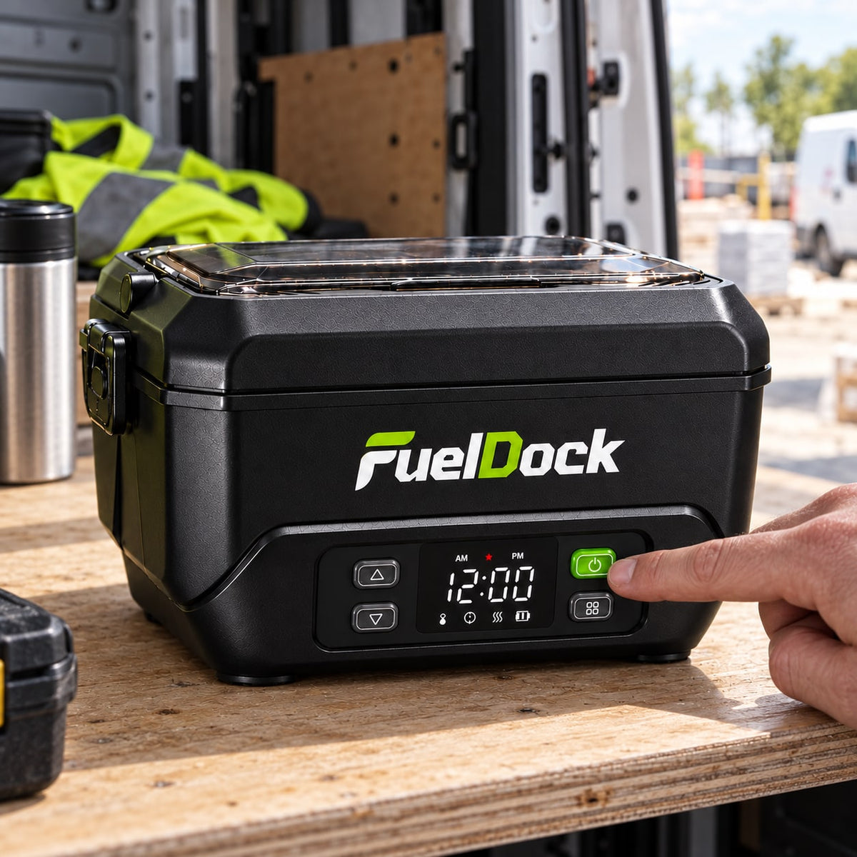 A hand using the FuelDock lunchbox power button in a parked work van.