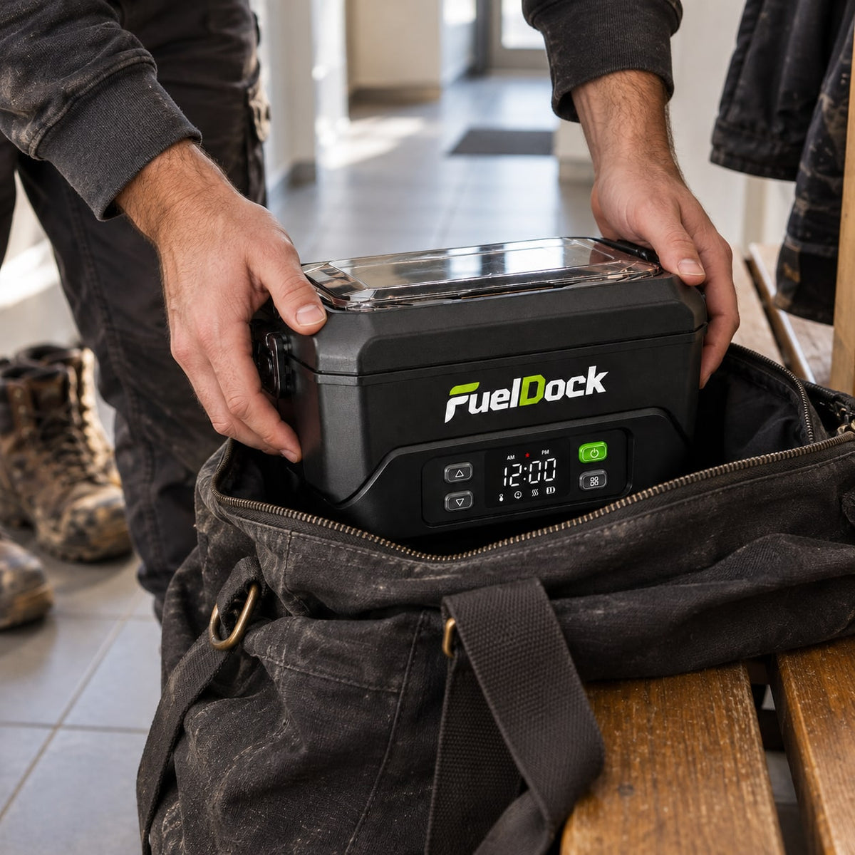 Hands packing a closed FuelDock lunchbox into a work bag.