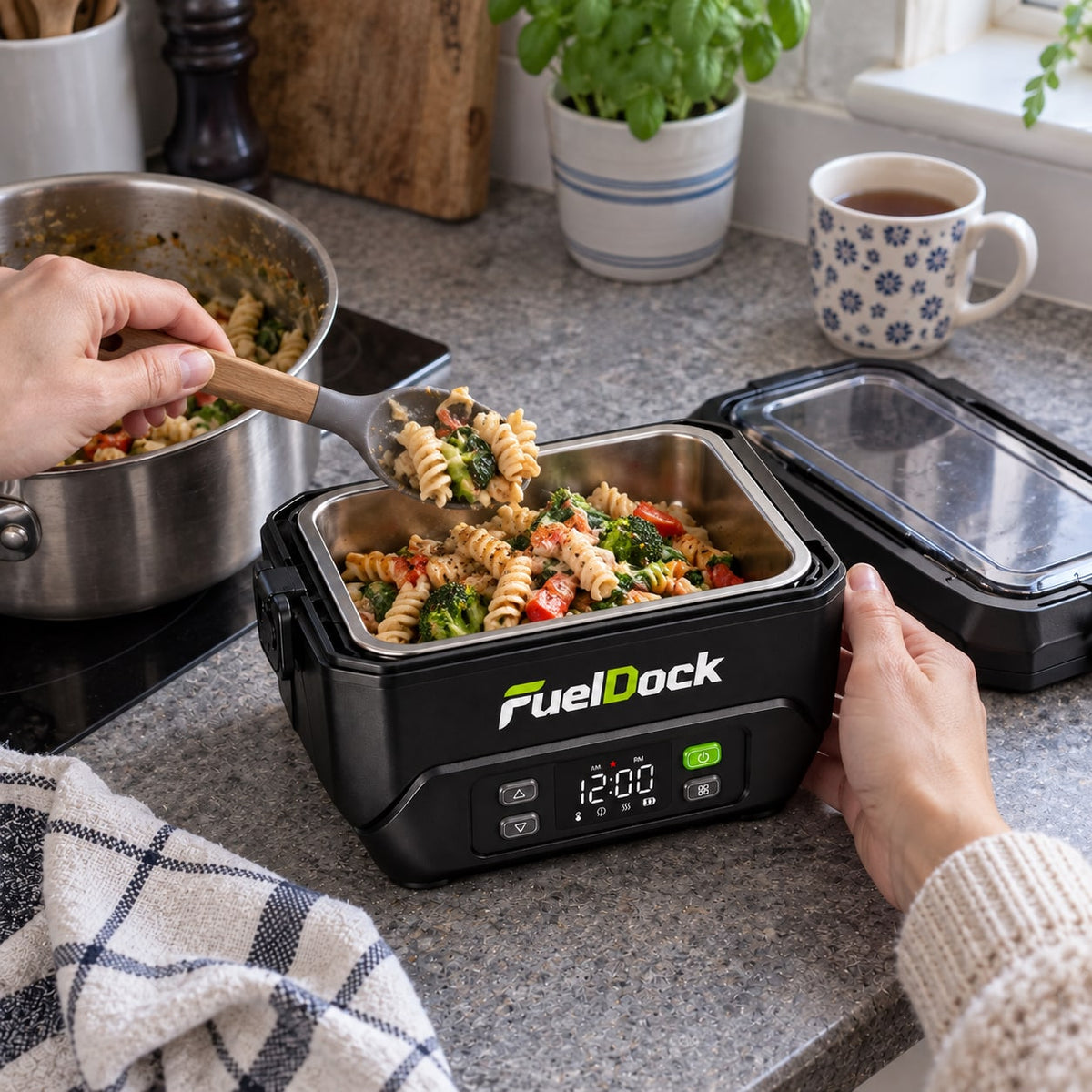 Hands filling an open FuelDock lunchbox with pasta in a home kitchen.
