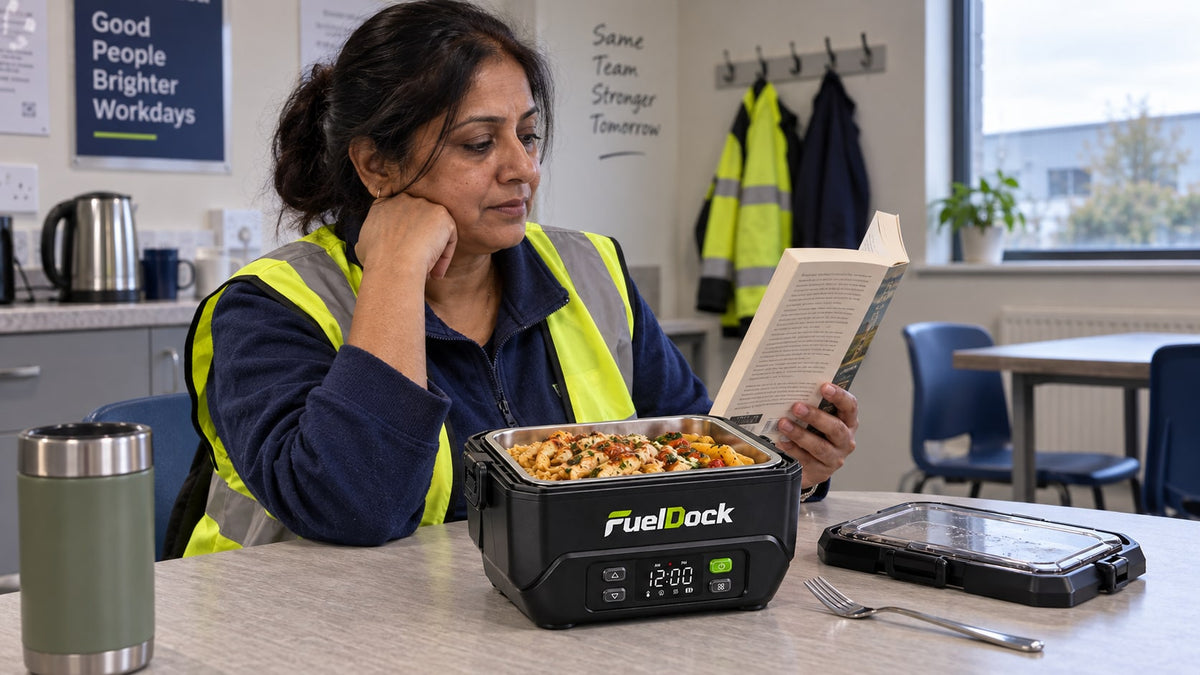 A warehouse worker reading during lunch with a FuelDock lunchbox in the break room.
