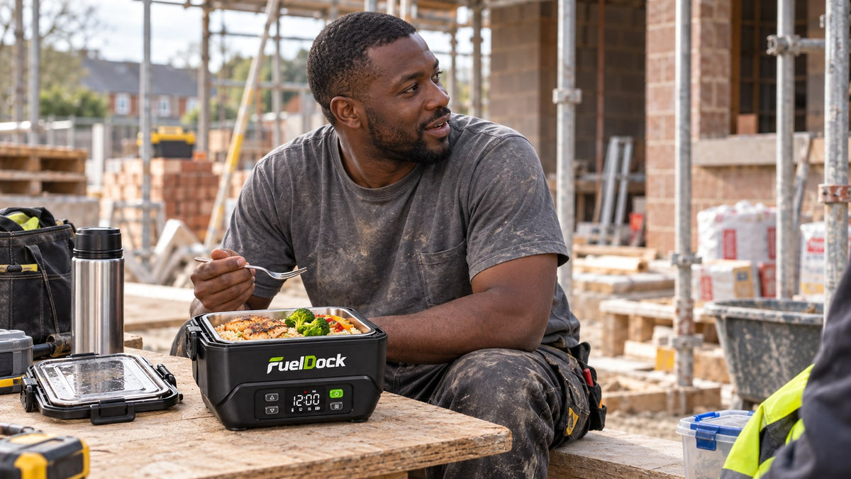 A builder taking a break with a FuelDock lunchbox at a building site.