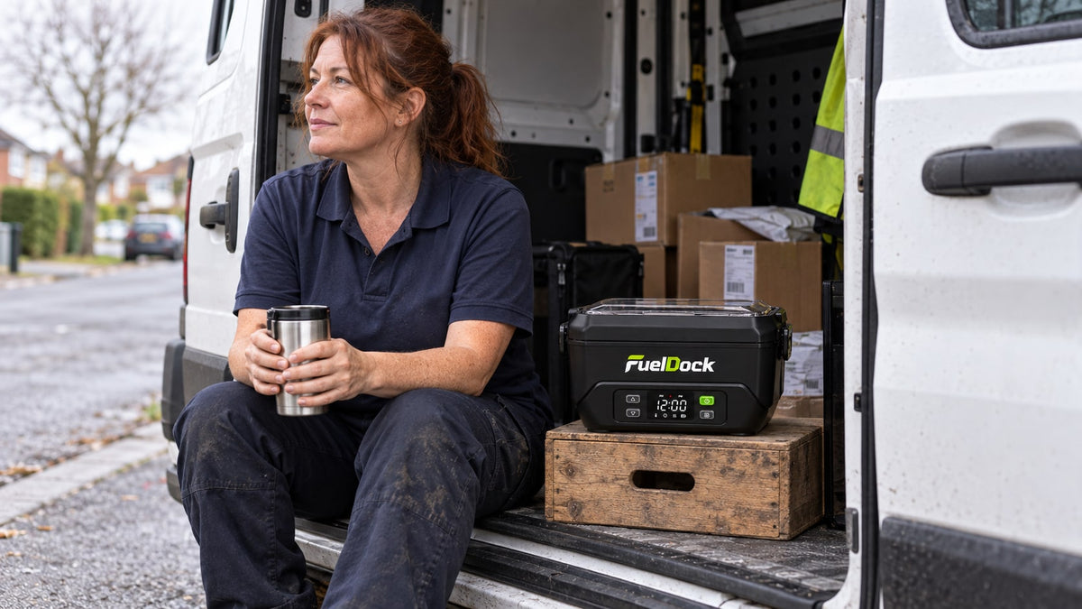 A delivery driver resting beside a FuelDock lunchbox in a parked van.